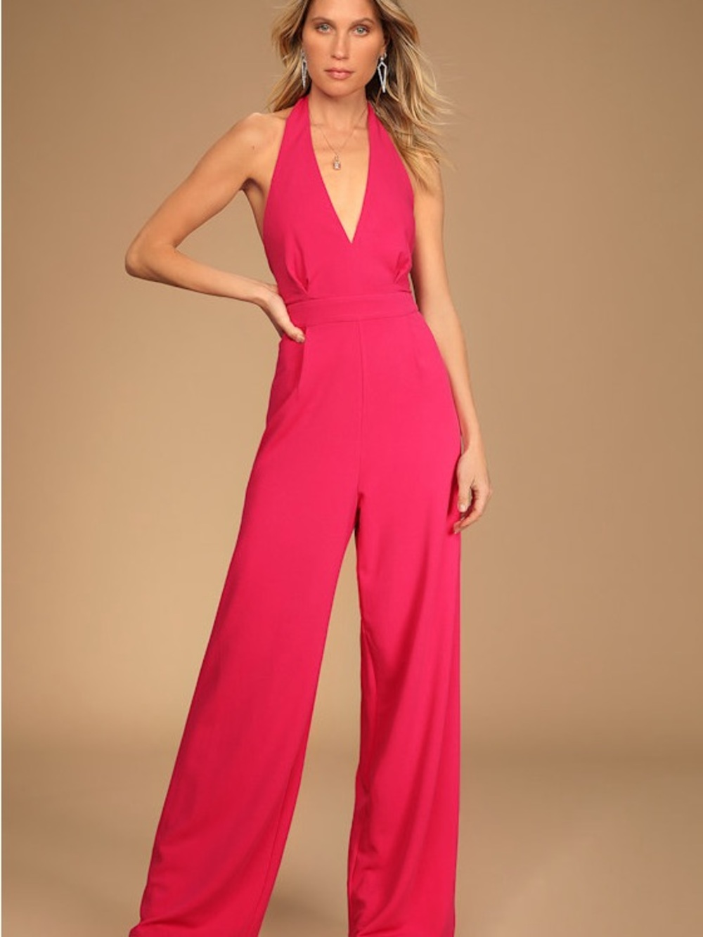 Laundry By Shelli Segal Fuchsia Halter Wide-Leg Jumpsuit
